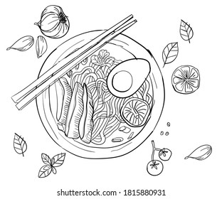 Noodle authentic culinary asian food hand drawn sketches white isolation background