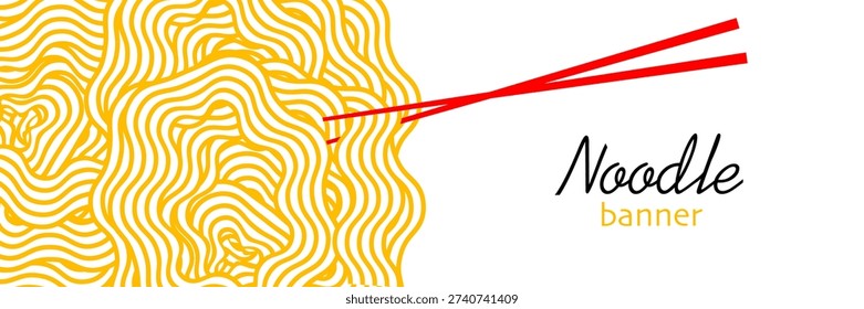 Noodle banner. Spaghetti pattern on white. Vector illustration of noodle background. Template for banner or menu of Asian food.
