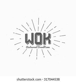 Noodle Bar Hand Drawn Logo Template With Sunburst. Monochrome Hipster Style WOK Lettering. Vector Illustration