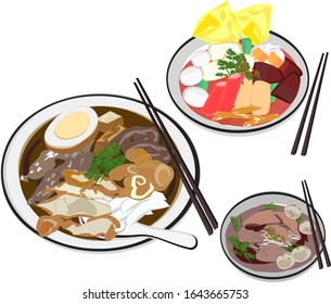 Fideos con carne de res, sopa de fideos chinos con cerdo crujiente, pasta de harina de arroz, Yen Ta Fo, sopa tailandesa de fideos, ilustración vectorial