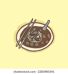 Fideicomiso con sopa de ternera y bola de carne :Recogida tradicional tailandesa de comida : Ilustración vectorial