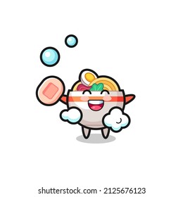 noodle bowl character is bathing while holding soap , cute style design for t shirt, sticker, logo element