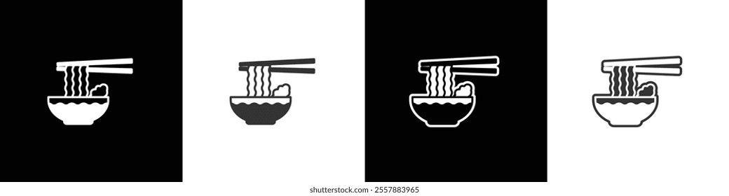 
Noodle bowl and chopsticks icon in simple vector shape. Instant noodle vector graphic. Collection of flat and linear style noodle symbols on black, white and transparent backgrounds.