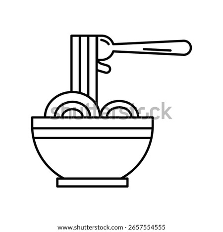 Noodle bowl with fork, hot pasta dish, ramen icon, Asian food line art vector illustration for restaurant and kitchen use.