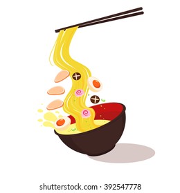 noodle with bowl holding by chopsticks asia food vector