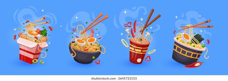 Noodle bowl icon. Cartoon Thai wok with chopsticks, ramen with eggs in cup, Chinese cooking dish. Asian food takeaway. Spicy shrimp. Japanese lunch box dinner menu. Vector tidy isolated illustration