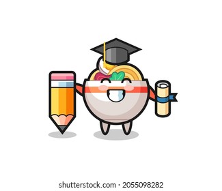 noodle bowl illustration cartoon is graduation with a giant pencil , cute style design for t shirt, sticker, logo element