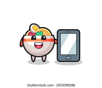 noodle bowl illustration cartoon holding a smartphone , cute style design for t shirt, sticker, logo element