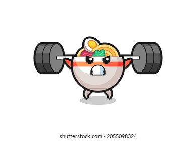 noodle bowl mascot cartoon with a barbell , cute style design for t shirt, sticker, logo element