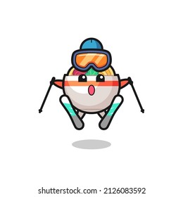 noodle bowl mascot character as a ski player , cute style design for t shirt, sticker, logo element