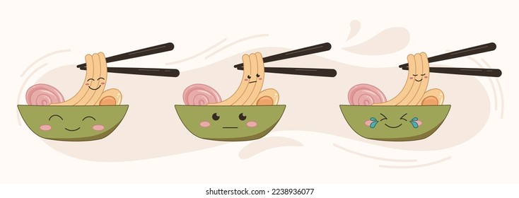 Noodle bowl mascot characters set with emotions. Kawaii Asian food, Cute Japanese food cartoon illustration menu banner.