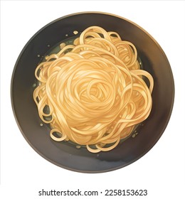 Noodle in Bowl or Plate Top View Isolated Detailed Hand Drawn Painting Illustration