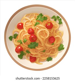 Noodle in Bowl or Plate Top View Isolated Detailed Hand Drawn Painting Illustration