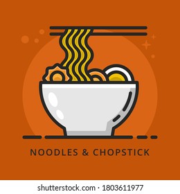 Noodle and Bowl Symbol Logo Illustration. Asian Japanese Food Ramen Restaurant Icon Vector for Sticker and Mascot