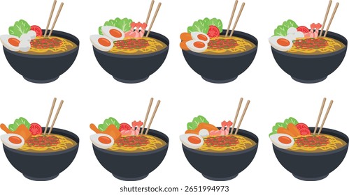 A Noodle in a Bowl vector design depicts a steaming bowl of noodles with rich toppings and chopsticks, using clean lines and bold colors to emphasize warmth, flavor, and comfort.
