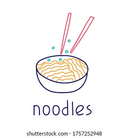 Noodle bowl. Vector hand drawn outline badge illustration. Concept for cafe, restaurant.