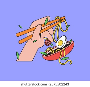 Noodle bowl vector illustration with chopsticks, depicting traditional cuisine in a vibrant hand-drawn style, perfect for food-related designs