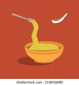 noodle in the bowl vector illustration. noodle with fork and spoon. square color background. fit for food product meal, etc.