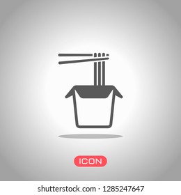 Noodle in box, asian food takeaway, wok icon. Icon under spotlight. Gray background