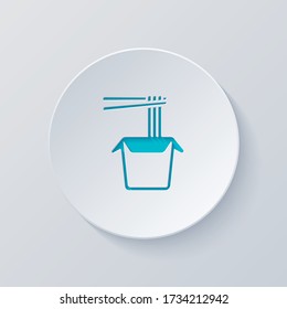 Noodle in box, asian food takeaway, wok icon. Cut circle with gray and blue layers. Paper style