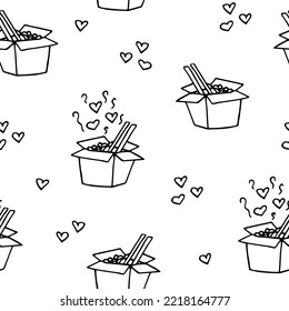 noodle in a box, chopsticks and steam with hearts seamless pattern hand drawn in doodle style. 
