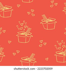 noodle in a box, chopsticks and steam with hearts seamless pattern hand drawn in doodle style.