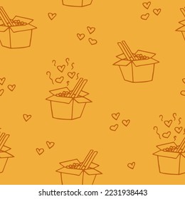 noodle in a box, chopsticks and steam with hearts seamless pattern hand drawn in doodle style.