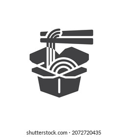 Noodle box and chopsticks vector icon. filled flat sign for mobile concept and web design. Noodle lunch box glyph icon. Symbol, logo illustration. Vector graphics