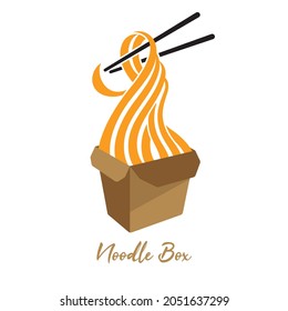 Noodle box delivery logo vector. (Chopsticks holding noodle on kraft food packaging)