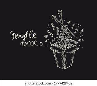 Noodle box  Ramen  Udon  Soba  Lo mein  Chinese noodles at chopsticks  Asian Fast food menu  Spaghetti in paper container  Lunch case and pasta  Doodle vector illustration  chalk drawing  blackboard