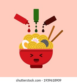 Noodle by adding sauce, soy sauce and chili Icon, Logo, and illustration Vector