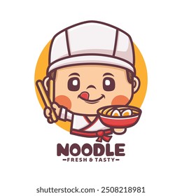 Noodle chef cartoon mascot design, vector illustration for culinary business, brand logo, sticker, cartoon identity, decal, icon, etc.