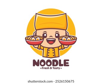 noodle chef cartoon mascot design in yellow uniform, vector illustration in outline style.