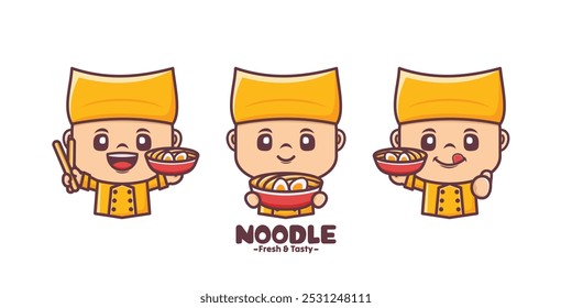 noodle chef cartoon mascot design, with different expressions, vector illustration in outline style.