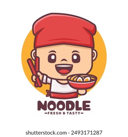 Noodle chef cartoon mascot. suitable for culinary businesses. brand logo, sticker, cartoon identity, sticker, icon, etc.