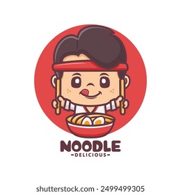 Noodle chef mascot design, vector illustration for culinary business, brand logo, sticker, cartoon identity, decal, icon, etc.