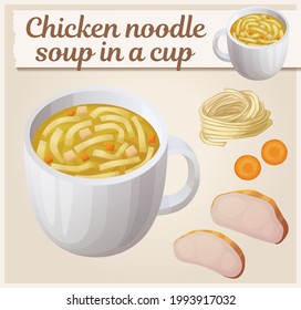 Noodle and chicken meat soup in a cup cartoon icon. Bullion with chicken meat and carrot slices vector illustration. First course food with ingredients in set