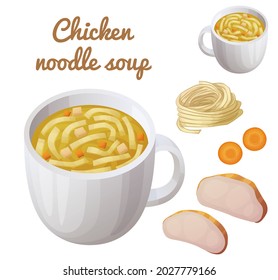 Noodle and chicken meat soup in a cup cartoon icon isolated on white background. Bullion with chicken meat and carrot slices vector illustration. First course food with ingredients in set