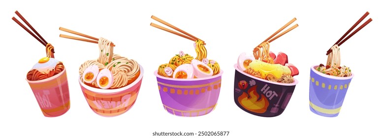 Noodle with chopsticks in cardboard cup and bowl. Cartoon vector illustration set of instant ramen spaghetti with delicious appetizing ingredients - eggs and meat, mushrooms and vegetables, spices.