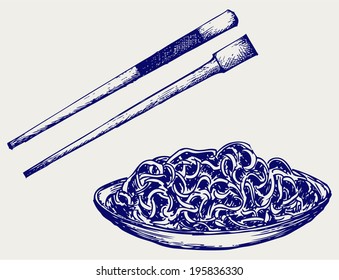 Noodle with chopsticks. Doodle style
