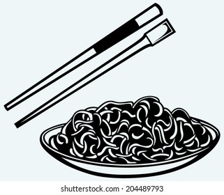 Noodle with chopsticks. Image isolated on blue background