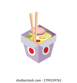 Noodle with Chopsticks on a Paper Box Isometric Icon Isolated in White