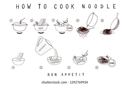Noodle cooking directions. Steps how to prepare pasta. Vector illustration.