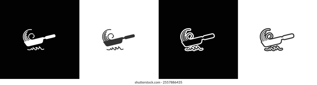 Noodle cooking icon. Instant noodles cooked in a pan. Instant food icon. Ramen noodle vector graphic. Collection of flat and linear style noodles on black, white and transparent background.