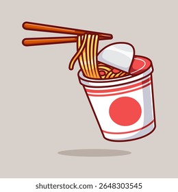 Noodle In Cup With Chopstick Cartoon Vector Icon Illustration. Food Object Icon Concept Isolated Premium Vector. Flat Cartoon Style