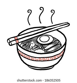 Noodle In Cup With Chopsticks / Cartoon Vector And Illustration, Hand Drawn Style, Isolated On White Background.