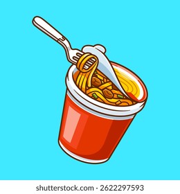 Noodle Cup With Fork Cartoon Vector Icon Illustration. Food Object Icon Concept Isolated Premium Vector. Flat Cartoon Style