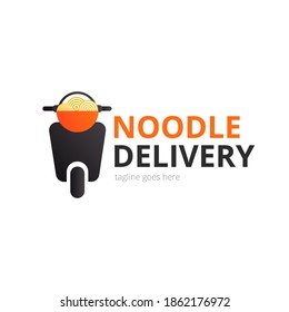 Noodle delivery logo concept. Red bowl with motorcycle. Japanese template vector