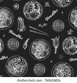 Noodle dishes seamless pattern. Asian food engraved sketch. Food menu design with cooked noodles . Vintage hand drawn sketch, vector illustration. Asian cuisine menu background. Top view.
