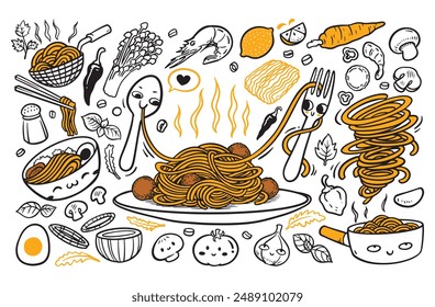 Noodle doodles, pasta spaghetti drawings vector